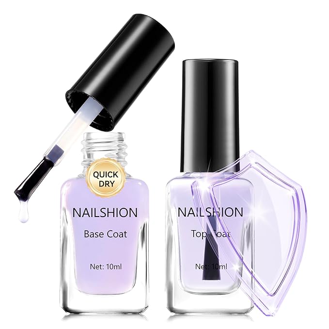 Nailshion Clear Base Top Coat Anti-UV, 2PCS Calcium & VE Base Nail Strengthener High Shine Top Coat, Chip Resistant Quick Air Dry, Protects Color & Nails Prevents Discoloration Women Gift