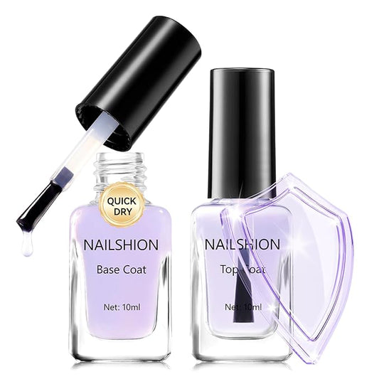 Nailshion Clear Base Top Coat Anti-UV, 2PCS Calcium & VE Base Nail Strengthener High Shine Top Coat, Chip Resistant Quick Air Dry, Protects Color & Nails Prevents Discoloration Women Gift