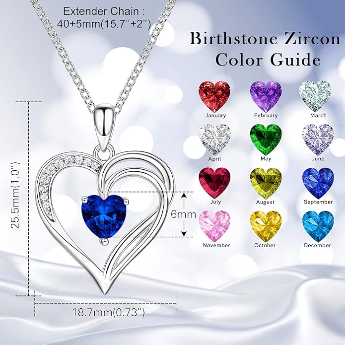 AM ANNIS MUNN 925 Sterling Silver Heart Necklace for Women Birthstone Necklace Silver Jewelry for Womens Jewelry Gifts for Women Her Mom