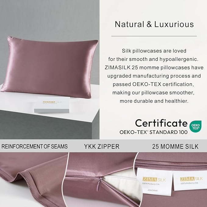 ZIMASILK 25 Momme 100% Pure Mulberry Silk Pillowcase for Hair and Skin Care, Highest Grade 6A Pillow Cases for Women, Long-Lasting Durablity, Gift for Women Men, 1Pc (Standard 20"x26", Grey Purple)