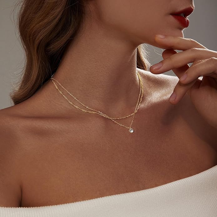 Luxval Diamond Pendant Gold Necklace for Women，Dainty 18k Gold Plated Choker Necklaces Simple Gold Jewelry Gifts for Women Girls