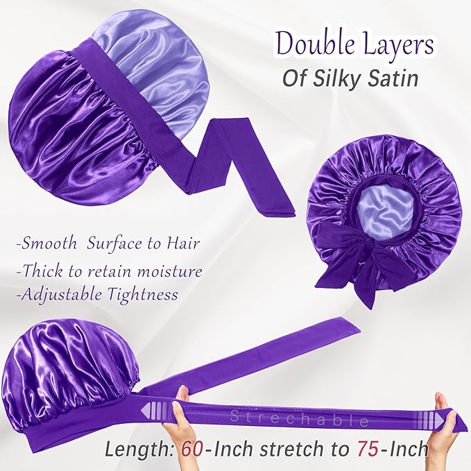 Double Layered Silk Satin Bonnet with Tie for Sleeping Black Women, Wide Band Large Hair Wrap Sleep Cap for Curly Hair Braid