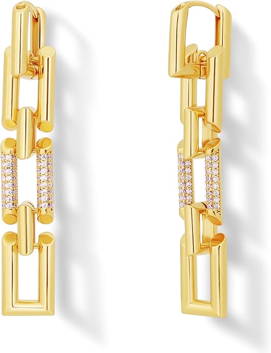 OZEL 14K Gold & Silver Plated Paperclip Chain Earrings with Cubic Zirconia – Dangle, Hoop, Huggie, Stud Styles – Women’s Fashion Jewelry Gift