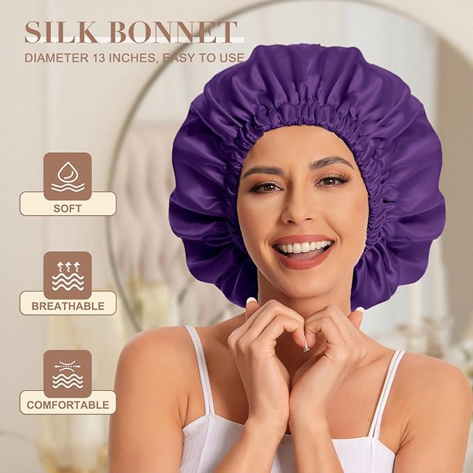 Satin Bonnet Silk Bonnet Hair Bonnet for Sleeping-Slouchy Beanie Hat Satin Sleep Cap for Women's Natural & Curly Hair(Blue Zircon&Purple)