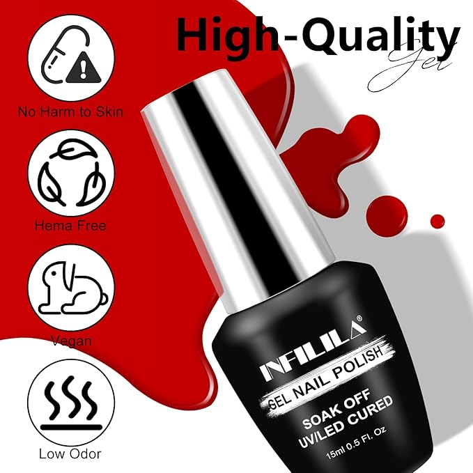 NXJ INFILILA Bright Red Gel Nail Polish, 15ml 0.51oz One-Stroke Coloring Red UV LED Gel Polish High Gloss, Hema Free Dark Color Gift for Nail Art Design Manicure Salon DIY Salon SQ123