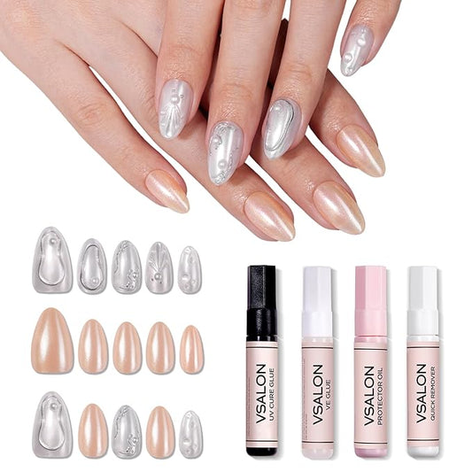 VSALON Press-On Nails Short Almond - 42 PCS Pearl White 3D Metallic Fake Nails for Women, 32 Main Nails in 16 Sizes &10 Champagne Alternative Nails - Reusable Glue on Nails Set with Tool Kit