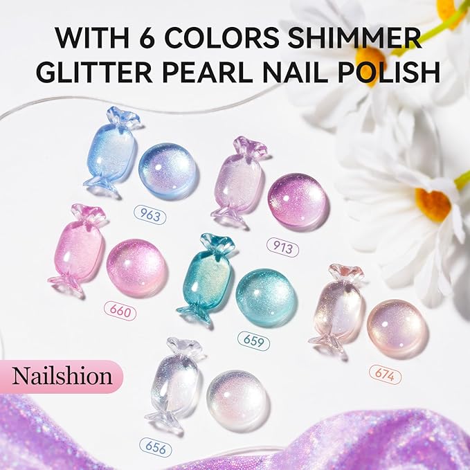 Nailshion Quick Air Dry Nail Polish, 16 Colors Holographic Nude Peach Pink Blue Green Regular Nail Polish with Clear Base Top Coat & Remover Pads, Hema-free, Non Gel, Gift for Women Girls