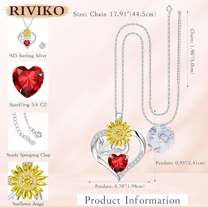 RIVIKO Valentine's Day Gifts for Her-Sunflower Birthstone Necklace for Women,925 Sterling Silver Heart Pendant,Anniversary Birthday Gifts for Women,Birthstone Jewelry for Wife Mother