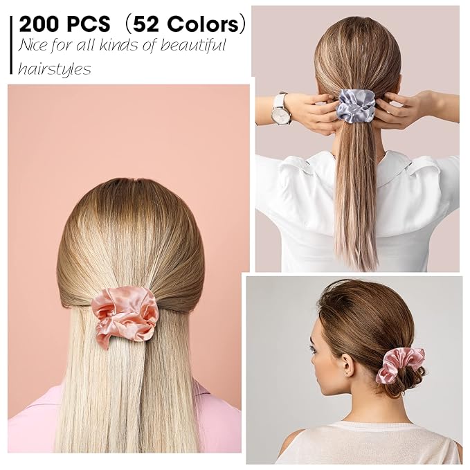 200 Pieces Satin Hair Scrunchies Bulk, 52 Colors Scrunchies for Ponytail Holder Solid Color Satin Hair Tie Hair Elastics Bands for Women Teens Birthday Gift