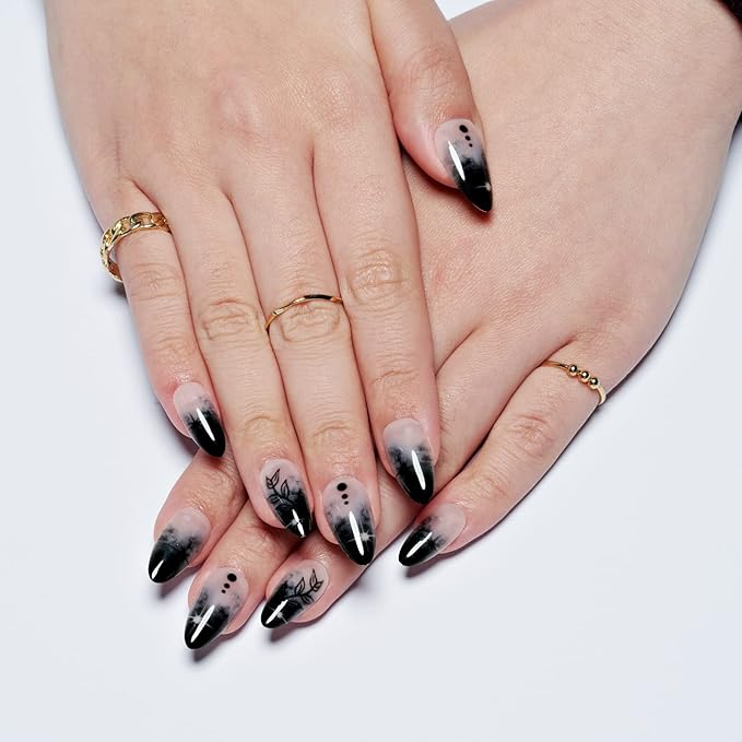 GLAMERMAID Press on Nails Medium Almond, Gothic Black Ombre French Tip Gel Glue on Nail, Glossy Short Stiletto Reusable UV Finish Fake Nails Acrylic False Nails Manicure Kits for Women