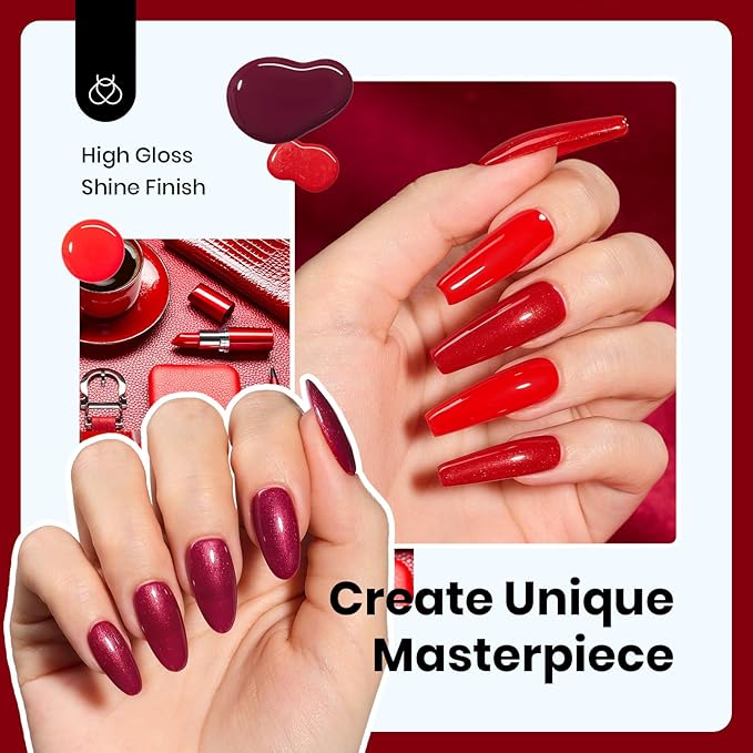 Beetles Red Gel Nail Polish Set-15ML 6 Colors Shimmer Bloody Red Burgundy Gel Polish Kit Soak Off UV Full Size Winter Nail Art Salon Design DIY Chirstmas Gift for Women Colorful Bottle
