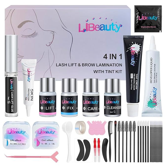 Libeauty Lash Lift and Color Kit Black, 4-in-1 Eyelash Perm and Brow Lamination Set with 15ml Large Volume Black Cream, DIY Eye Lash Wave and Brow Setting Tools for Home Use, 4 Weeks Curl & Definition