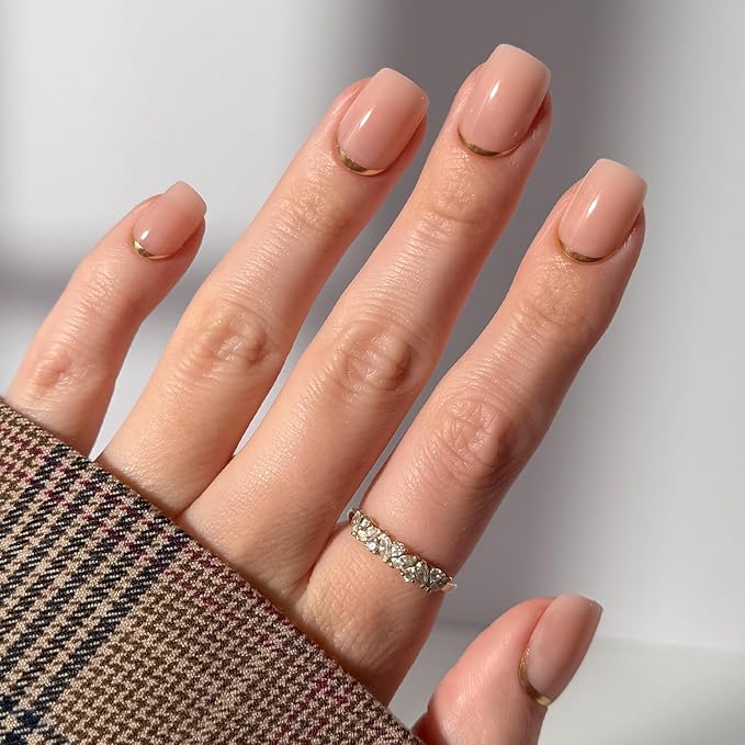 Glamnetic Press On Nails - Goal Setter | Short Squoval Neutral Fake Nails with Gold Reverse French Tip, Salon Quality Nude Nails | 15 Sizes - 30 Nail Kit with Glue