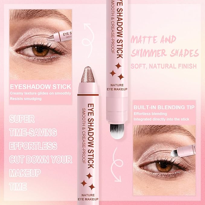 8Pcs Eyeshadow Stick, Eye Brightener Stick Built-in Blender Brush, Shimmer Creamy Eye Shadow Makeup, Waterproof Long Lasting Glitter Highlighter Eye Liner Pencil (8PCS A)