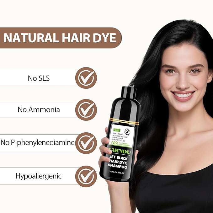 Farndu Jet Black Hair Dye Shampoo Ammonia-free & PPD-free, Gray Hair Coverage Natural Herbal 3 in 1 Hair Color Shampoo for Women Men