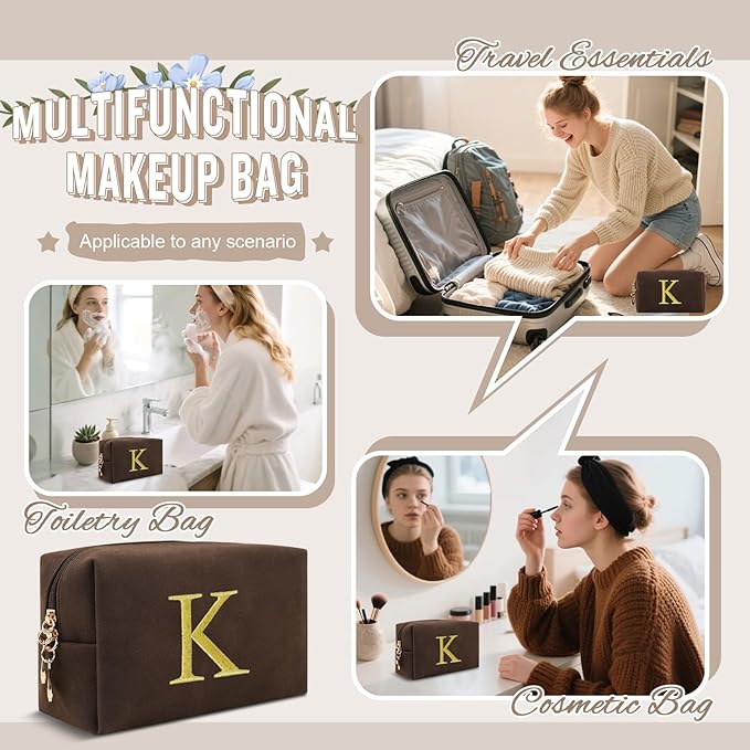 Personalized Initial Makeup Bag,Preppy Suede Cosmetic Bag for Teen Girls,Small Monogram Travel Toiletry Bag With Gold Embroidered Letter,Trendy Stuff Custom Christmas Gift for Women(Coffee-K)