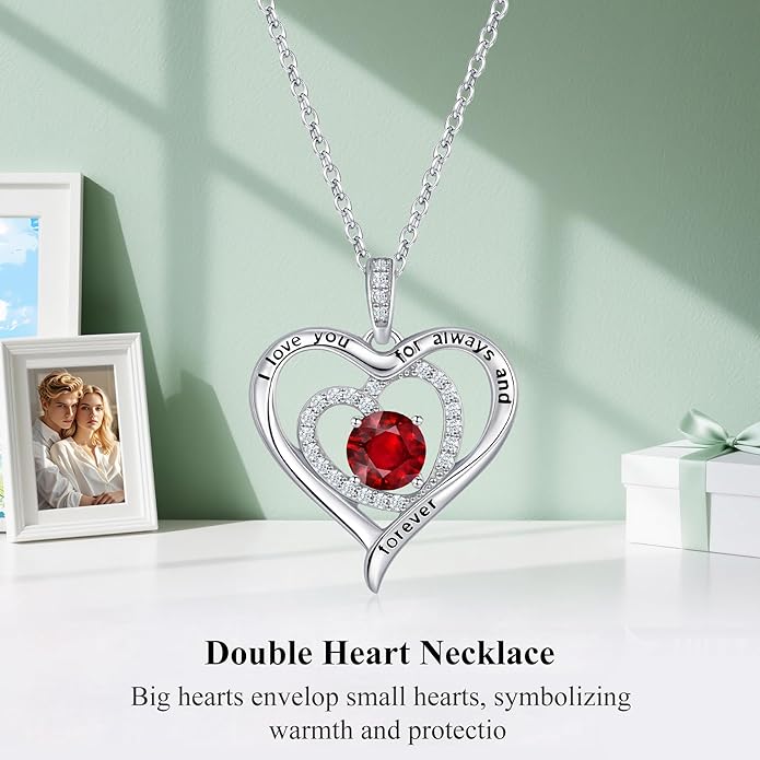 S925 Sterling Silver Necklace for Women, Valentines Day Gifts for Her, Love Heart Birthstone Necklaces for Women, Wife Jewelry, Mom Birthday Valentines Mothers Day Gifts, Girlfriend Necklaces, Daughter Heart Jewel, Anniversary for Her
