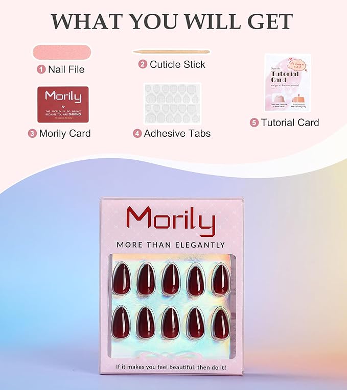 Morily Short Press on Nails Almond, 30Pcs Burgundy Fake Nails in 15 Sizes Glossy Wine Red False Nails Reusable Acrylic Stick on Nails for Women