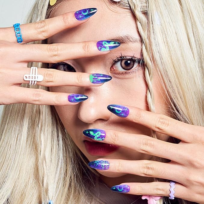 GLAMERMAID Deep Blue Press on Nails Medium Almond, Gothic Dark Purple Emo Gel Fake Nail, Gloss Halloween Snake Glue on Nails Short Oval, Reusable Acrylic Stiletto Stick on False Nail Kit for Women