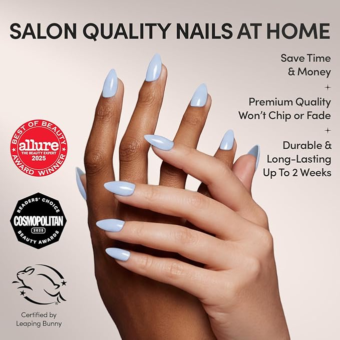 Glamnetic Press On Nails - Blueberry Milk | Solid Opaque Light Blue Short Almond Nails, Salon Quality | 15 Sizes - 30 Nail Kit