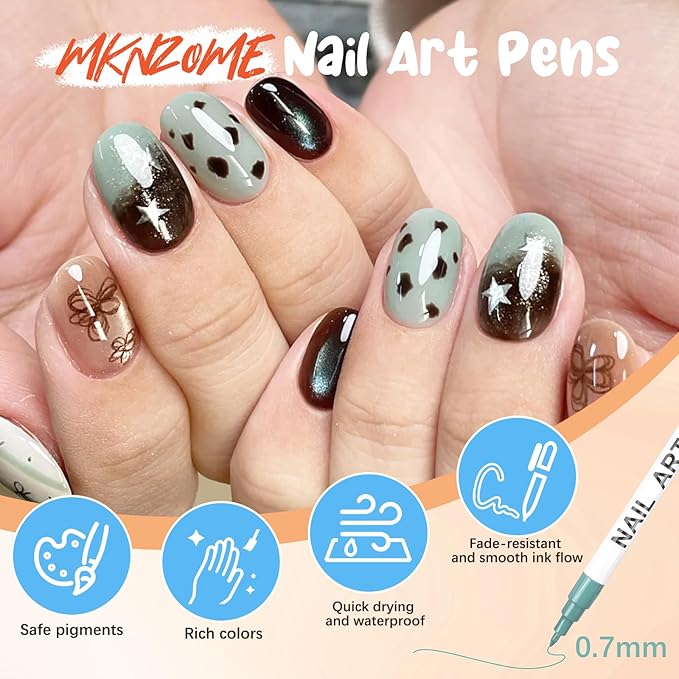 MKNZOME 12 Color Nail Art Pens for Painting Nails, 0.7 MM Nail Polish Pens Drawing Point Liner Acrylic Painted Pen Kit, Waterproof Quick-drying for DIY Design Manicure Tools Christmas Gifts