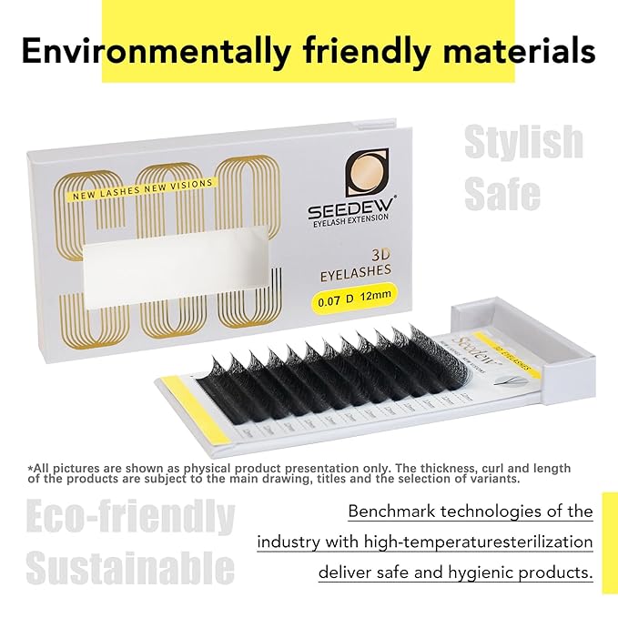 SEEDEW 3D Lash Extensions, 0.07mm D Curl 12mm 12 Rows/Tray, W Shape Flat Stem, Korean PBT Soft Natural False Eyelashes Grafting for Beginner Artist, Lash Tech, Beauty Salon(3D-Matte Black-0.07-D-12mm)