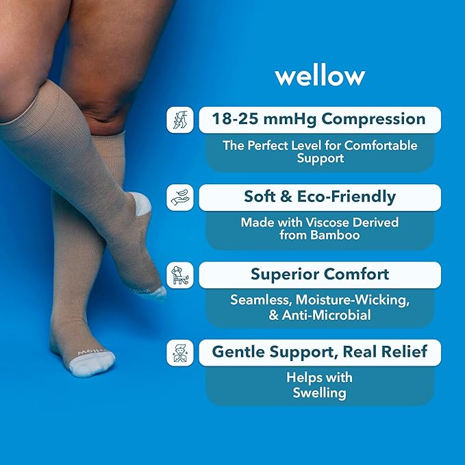Wellow Wide Calf Compression Socks, Knee High Support, Fit for Men & Women, 18-25 mmHg, Made with Viscose from Bamboo