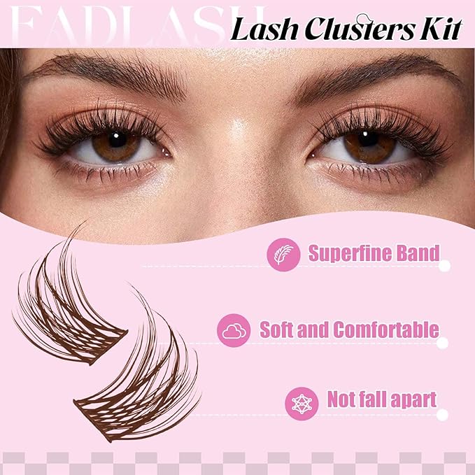 FADLASH Lash Extension Kit Fluffy Brown Lash Clusters 0.07 D Curl Wispy Eyelash Clusters with Lash Bond and Seal Lash Tweezer DIY Lash Clusters Kit for Beginners at Home(SNR028-0.07D, 8-16mm Kit)