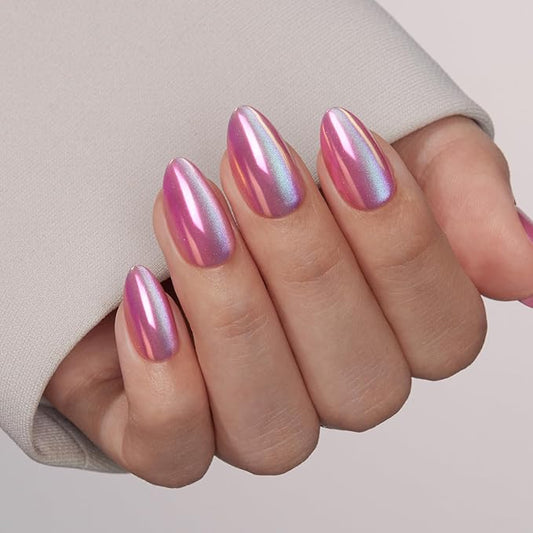 VSALON Press on Nails Short Almond - Pink Cat Eye Chrome Nails Kit for Women, Halloween Reusable Aurora Effect Opaque Gel Fake Nails with Glue & Cuticle Oil - 32 PCS Stick On Nails in 16 Sizes