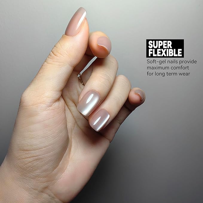 Okiyomi Nude Press on Nails - Pale Blush Nude Cat Eye Press on Nails | Magnetic Neutral Blush Shimmer - Short Ballerina Squoval Shape - 15 Sizes - 30 Soft Gel Fake Nails with Glue and Stick On Tabs
