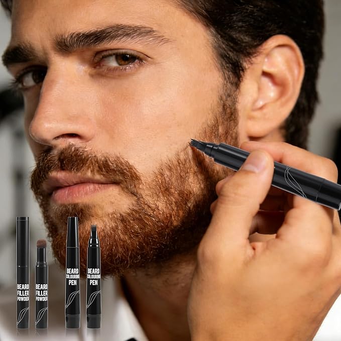 KGAJSGH Men's Beard Pencil & Powder Stick, Micro Fork Tip Beard Filler, Waterproof Beard Color Pen for Natural Looking Beard Mustache, Eyebrows, Hairline Coverage, Waterproof