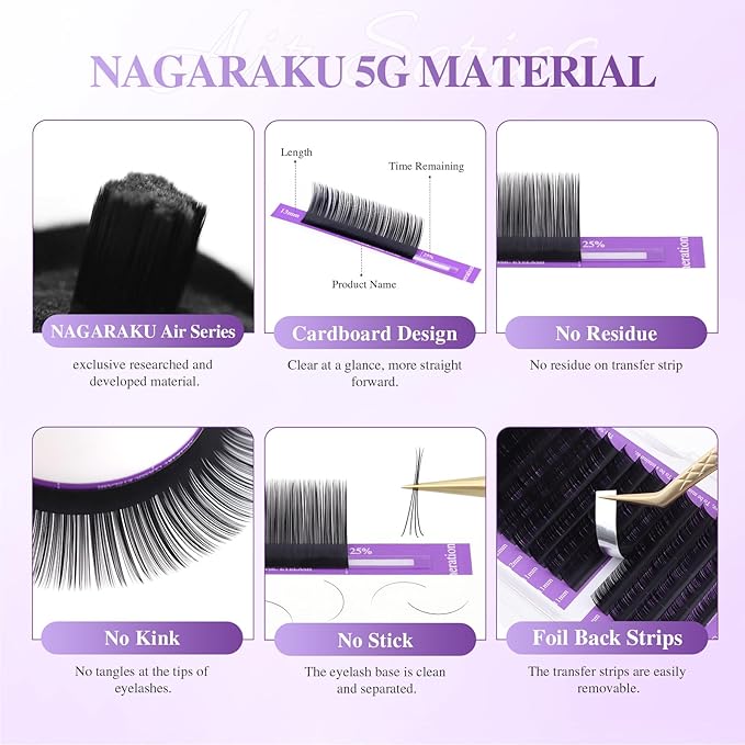 NAGARAKU Individual Eyelash Extensions, Volume & Classic Lashes 5th Generation Soft Natural Beauty Salon Professional Anti-rebound Single Lash Extension Supplies 16 Rows -0.07 D Curl 12mm
