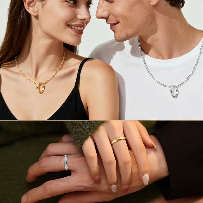 LAOLINTUS Matching Necklace for Couples Necklace Gifts for Women, Valentine’s Day Engagement Gifts for Her, Silver and 18K Gold Plated Figaro Chain for Girlfriend Wife with Double Ring