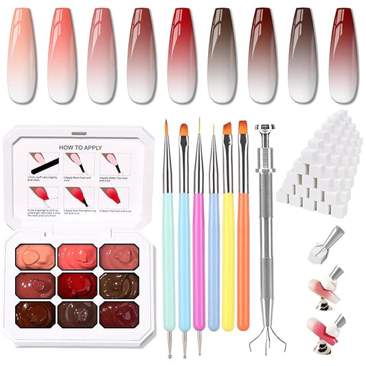Karroy Sponges Pat Gel Nail Polish Palette, 9 Colors Blending Ombre Gel Polish Patting Gradient Painting Nails Art, No Wipe, UV/LED Cured, 100Sponges 6Brushes 1Grabber (Set 05)
