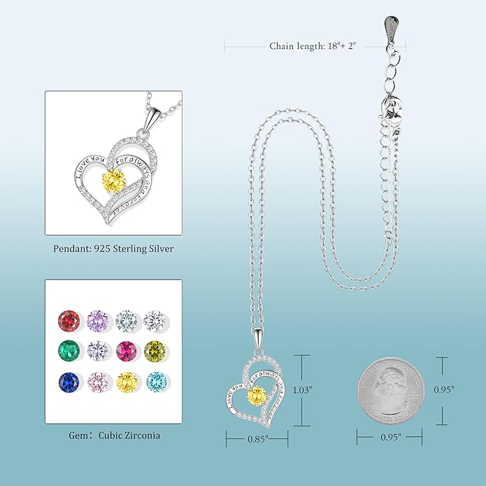 LynChoe Birthday Gifts Double Heart Birthstone Necklace for Women, S925 Sterling Silver Pendant Necklace Jewelry for Her Mother Mom Wife Girlfriend