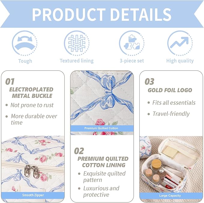 LAKSMI 3PCS Cotton Quilted Floral Makeup Bag Set for Women, Cute Make Up Bags with Brush Pockets, Large Wide-Open Toiletry Pouch Gifts for Toiletries Accessories Travelling Essentials