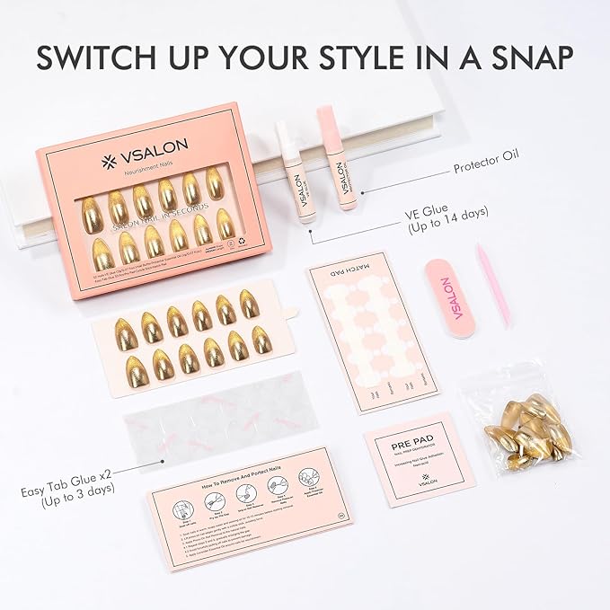 VSALON Press on Nails Medium Almond - Metallic Golden Ombre Cat Eye Glue On Nails for Women, New Year Salon Quality Fake Nails - 32 PCS Stick on Nails in 16 Sizes with Glue & Cuticle Oil