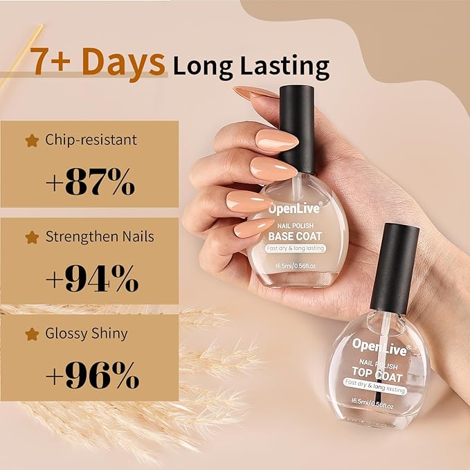 OpenLive Base and Top Coat Nail Polish Quick Dry,16.5ml Large capacity Basic Nail Polish Set Air Dry Fast, High-Glossy Shiny, No U V Light Needed for Women Salon DIY Nail Art