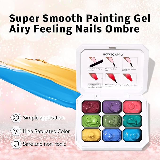 Karroy Sponge Pat Paint Nail Gel, 9 Colors Ombre Nails Gradient Gel Nail Blush Blooming Aura Nails Drawing Stripper Floral Painting Nail Art, No Wipe, UV/LED Curing (9 Colors J)