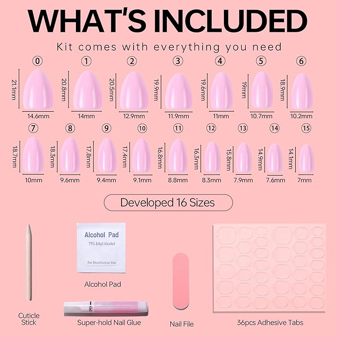 Pink Press On Nails Short 16 Sizes 32pcs Almond Fake Nails Glossy, Nail Glue Included