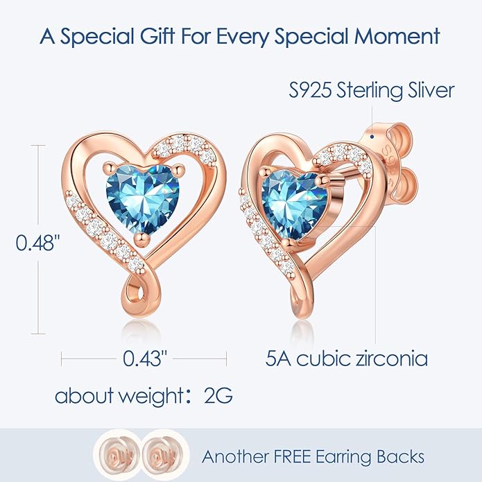 Zifeel Earrings for Women, S925 Sterling Silver Rose Gold Birthstone Heart Studs Earring for Girlfriend Wife, Anniversary Birthday Christmas Valentines Mothers Day Gifts Jewelry for Women Wife Her Mom
