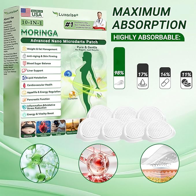 Luxarise Moringa 10-in-1 Advanced Nano Microdarts Patch, 2026 New 10-in-1 Moringa Patches, Natural Patches for Women and Men - Gentle Formula for All Skin (4PCS)