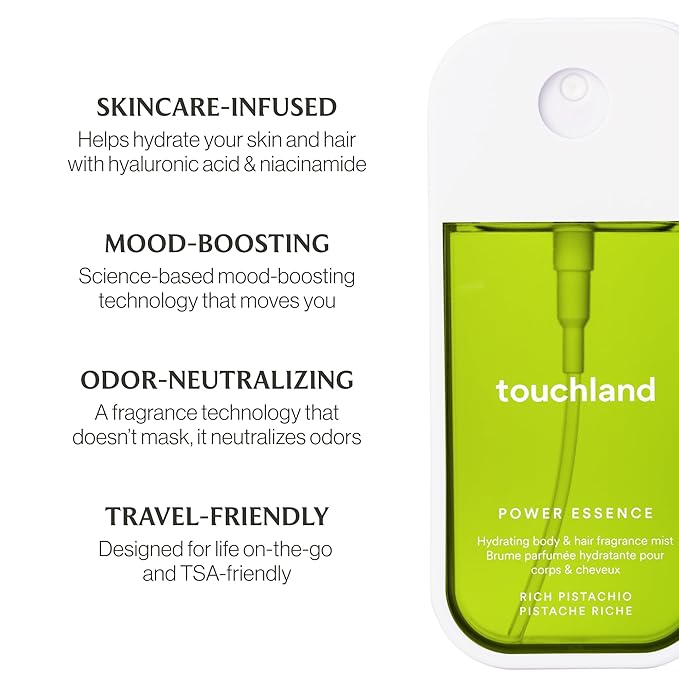 Touchland Hydrating Body & Hair Fragrance Mist, Rich Pistachio, 2 FL. OZ. Travel Size Body Spray | Hydrating, Travel Size