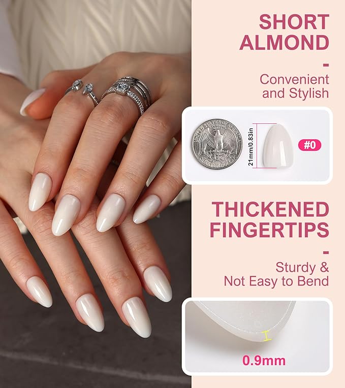 Morily 30Pcs Press on Nails Almond, Milky White Fake Nails Short Glossy Acrylic False Nails Reusable Full Cover Stick on Nails for Women, 15 Sizes, Thicker Fingertips