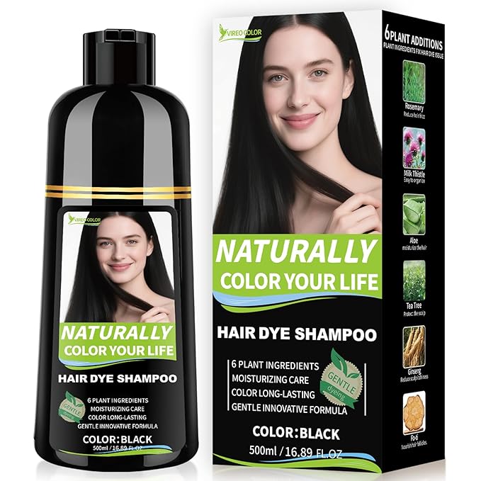 Vireo Color Black Hair Dye Shampoo for Women & Men, 15 Min Gray Coverage, 3 in 1 Semi-Permanent Color with Natural Herbal Ingredients