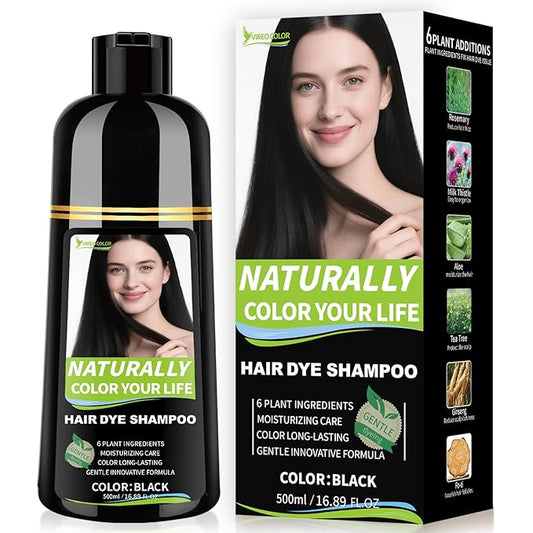 Vireo Color Black Hair Dye Shampoo for Women & Men, 15 Min Gray Coverage, 3 in 1 Semi-Permanent Color with Natural Herbal Ingredients