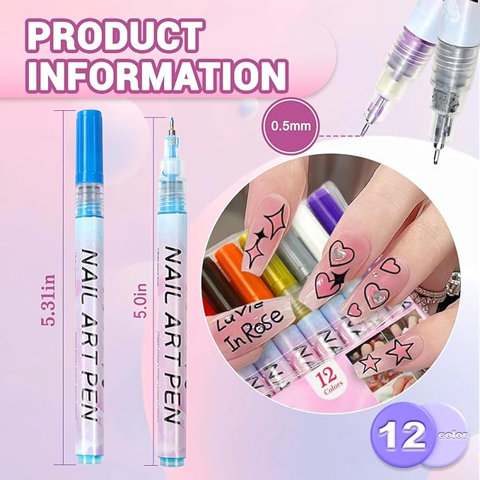 MKNZOME Nail Art Pens Set, 12 Color 0.5 MM Nail Art Markers Nail Polish Pens Drawing Painting Point Liner Painted Kit, Waterproof and Quick-drying Nail for DIY Design Manicure Tools