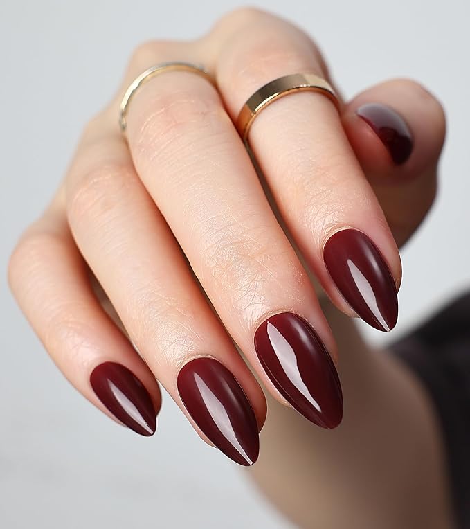 Morily Short Press on Nails Almond, 30Pcs Burgundy Fake Nails in 15 Sizes Glossy Wine Red False Nails Reusable Acrylic Stick on Nails for Women