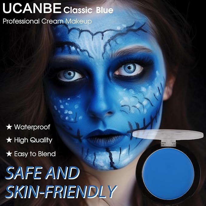 UCANBE Blue Face Body Paint Makeup Foundation, Professional Non-Toxic Greasepaint Palette for Adults Party, Cream Facepaints for Halloween Cosplay Theater Costume Stage SFX Dress-Up Makeup