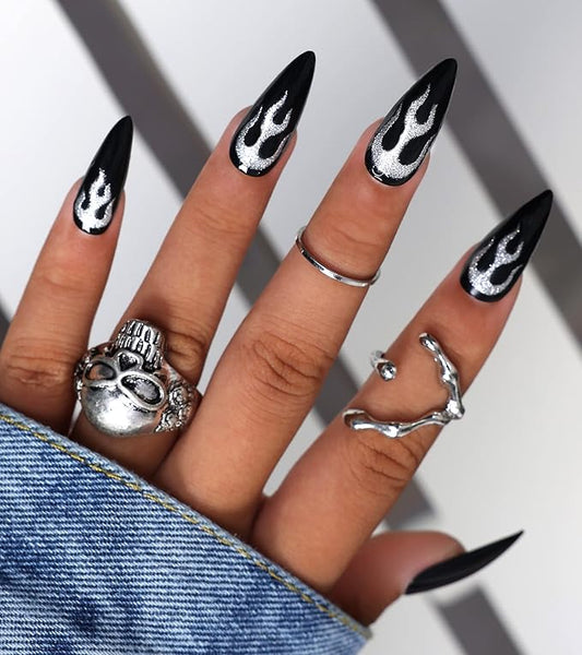 morily Black Press on Stiletto Nails Medium Length Glossy Fake Nails with Fire Pattern Design Acrylic Stick on Nails Long Full Cover Artificial False Nails Manicure for Women (Black Flame)
